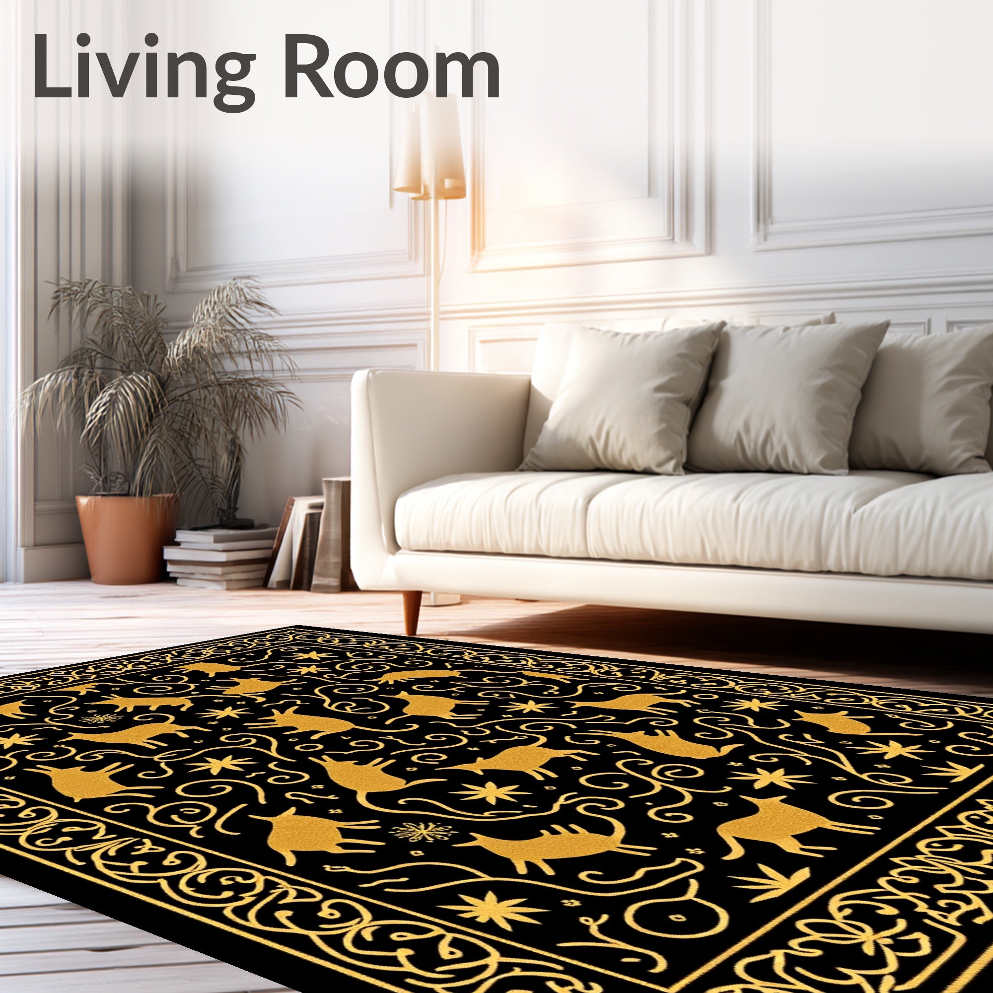 Golden Animals Black Swirling Vine Rug