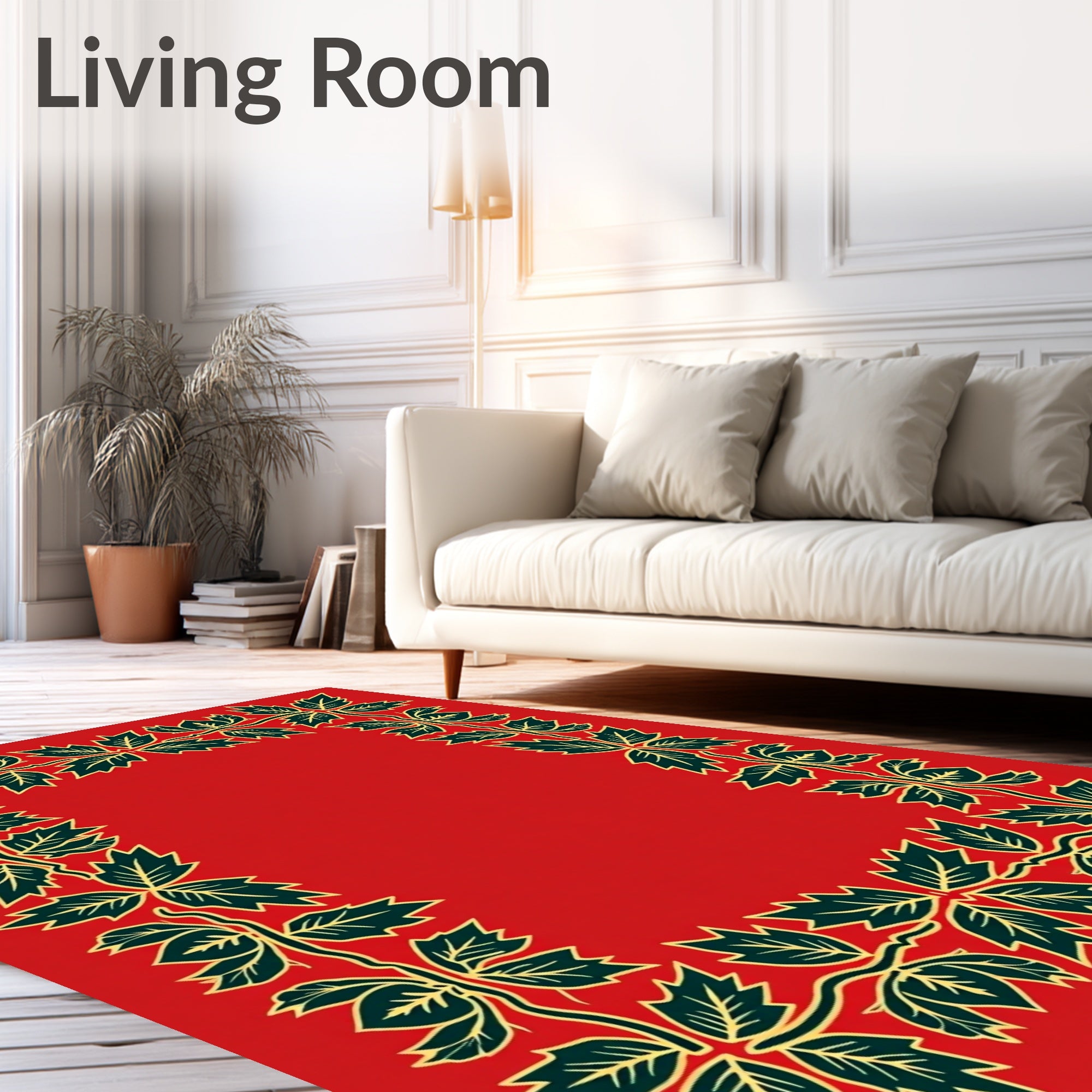 Crimson Green Leaf Vine Border Rug