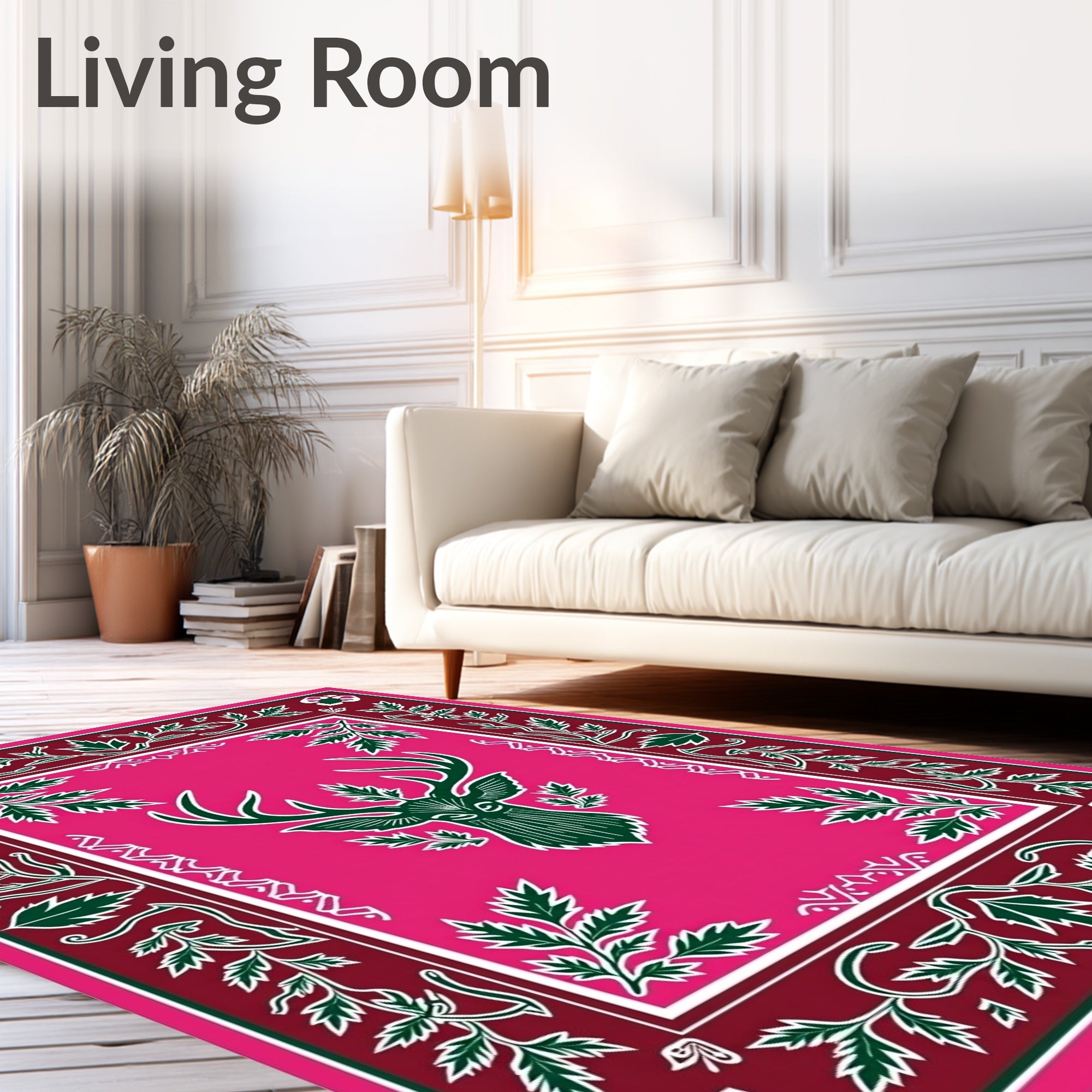 Deep Pink Deer Head Floral Border Rug