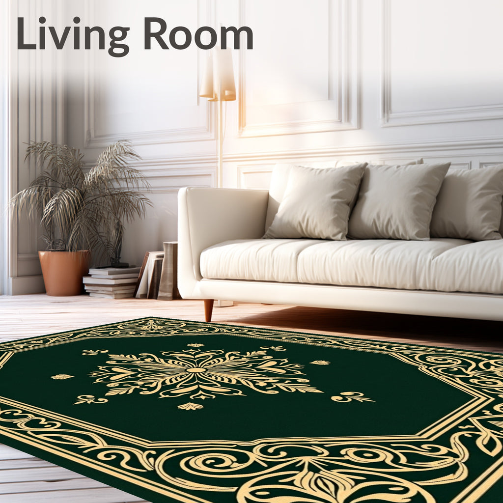 Deep Emerald Golden Floral Medallion Ornament Rug