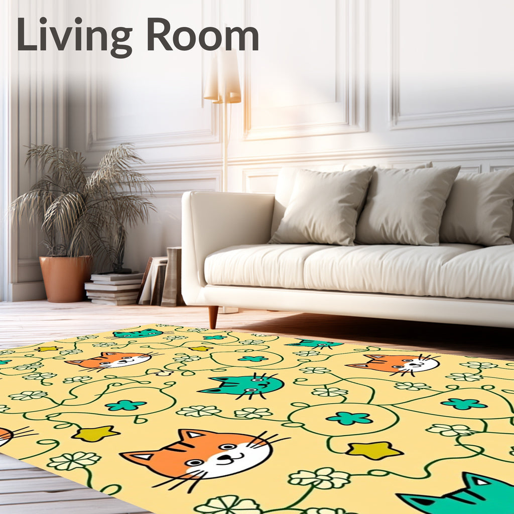 Whimsical Orange Teal Cat Floral Vine Rug
