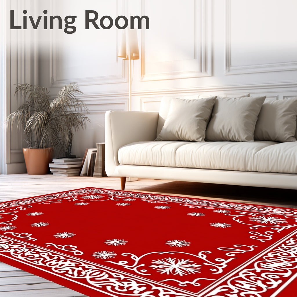 Crimson Red White Floral Border Rug