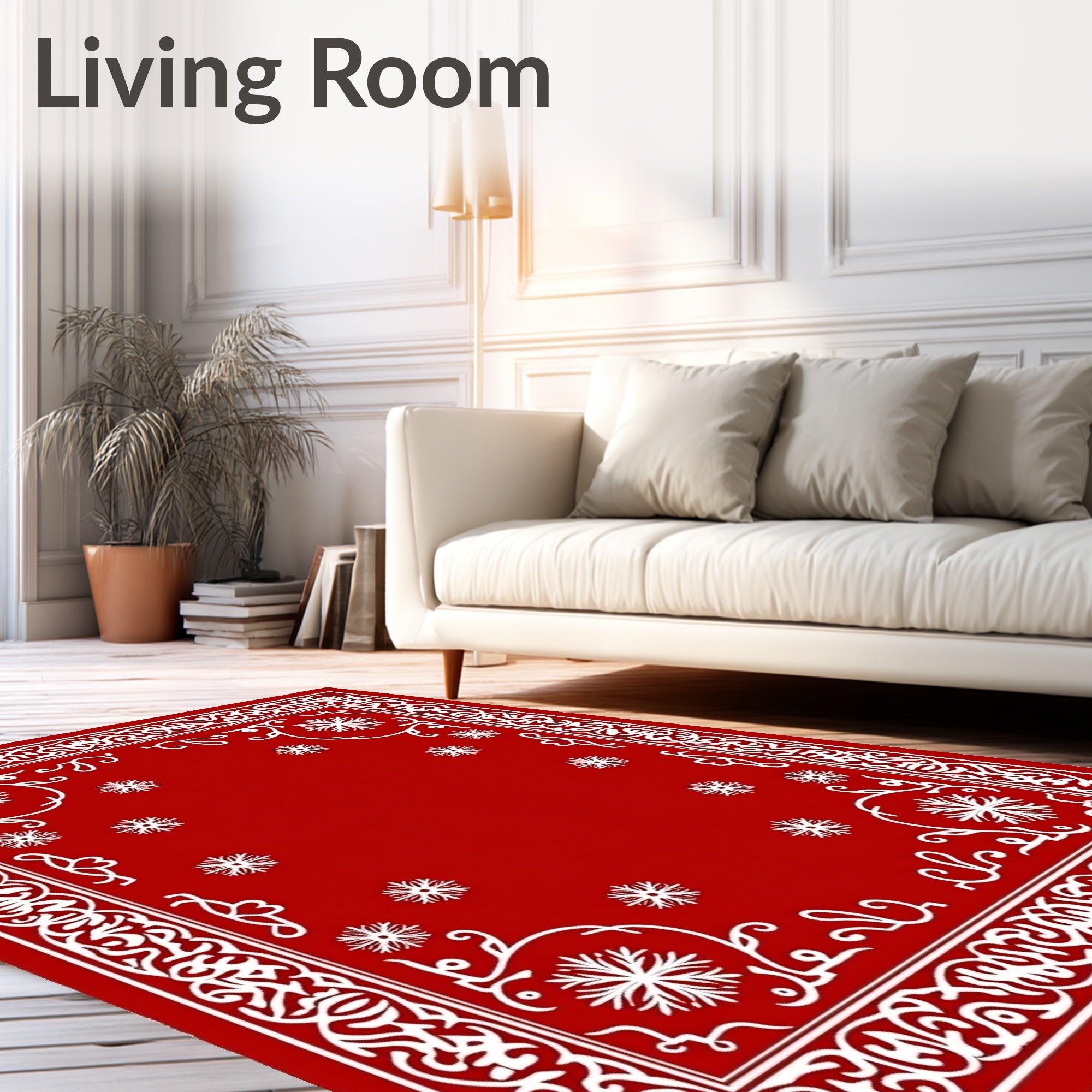 Crimson Red White Floral Border Rug