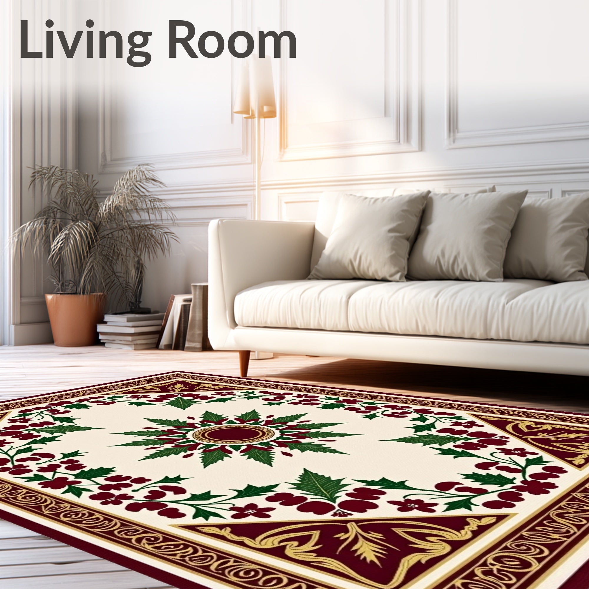 Deep Red Green Leaf Bloom Corner Rug