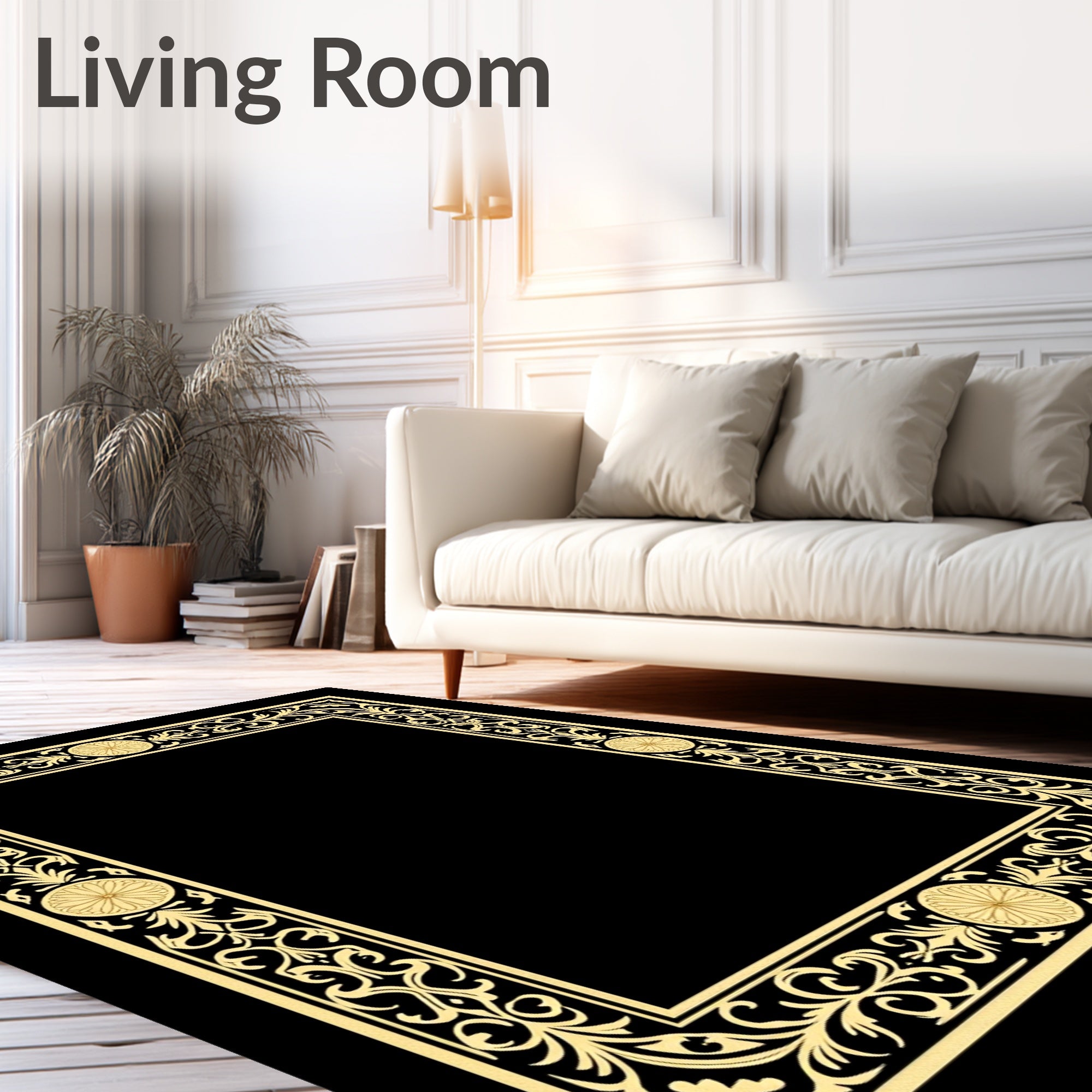 Golden Floral Scrollwork Medallion Border Rug