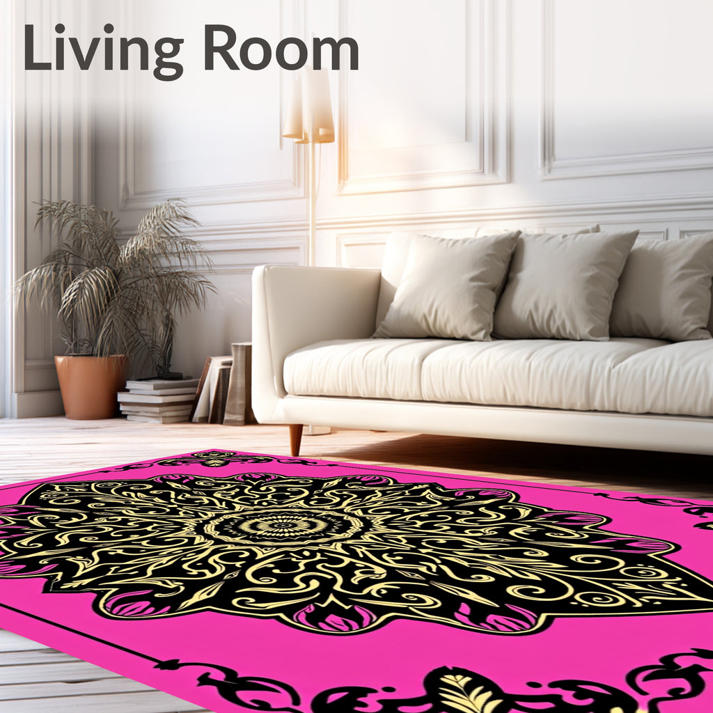 Vibrant Pink Black Gold Medallion Rug