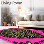 Vibrant Pink Black Gold Medallion Rug