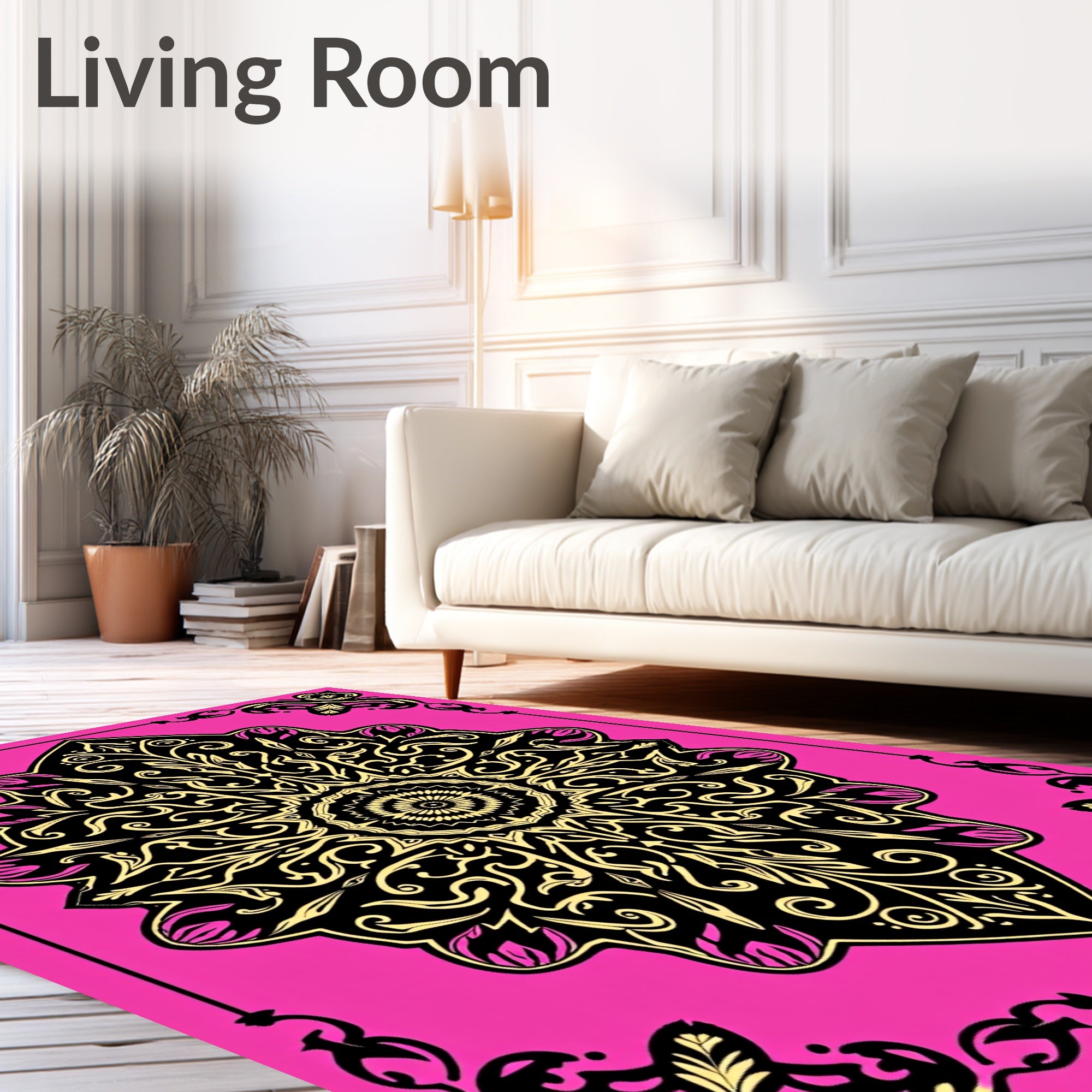 Vibrant Pink Black Gold Medallion Rug