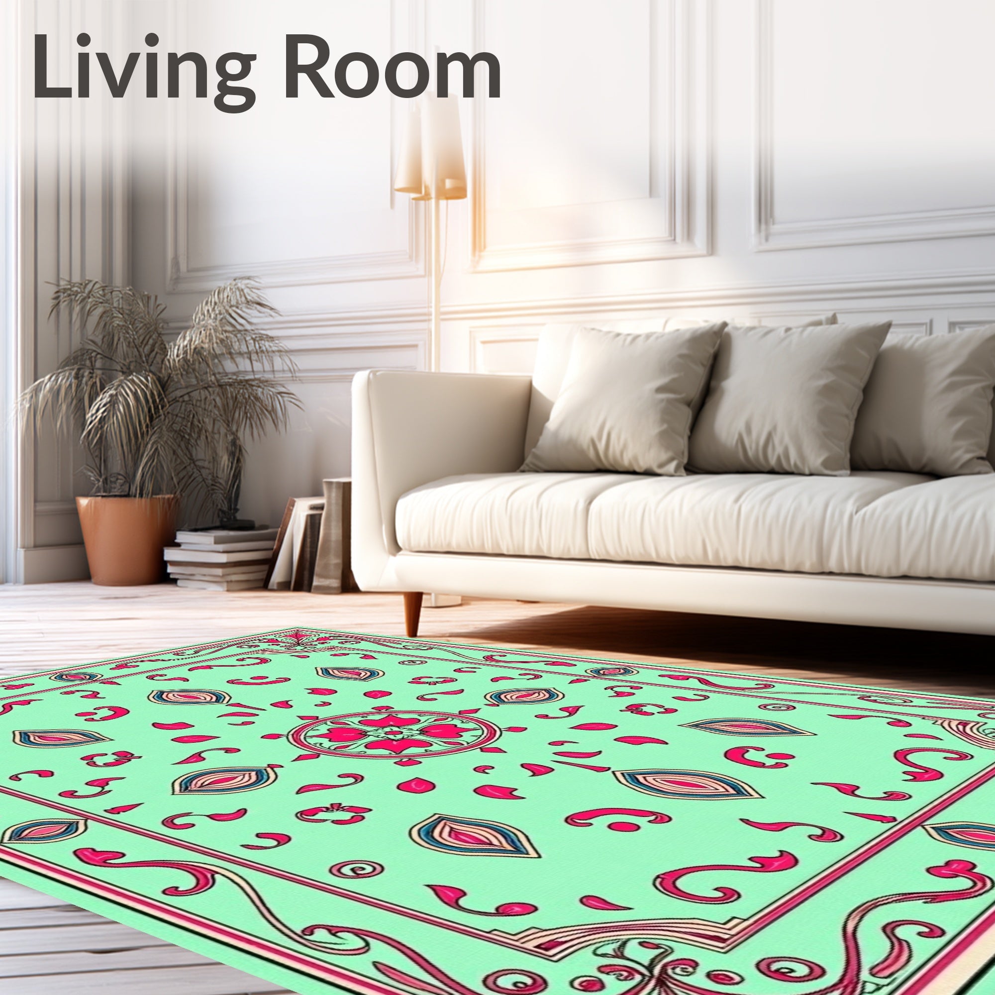 Aqua Pink Teal Floral Medallion Border Rug