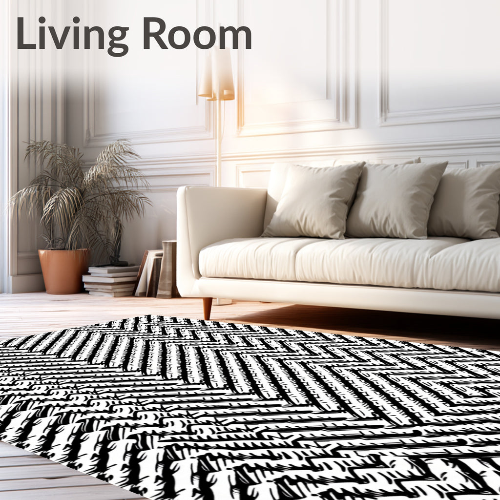 Black White Chevron Geometric Weave Rug
