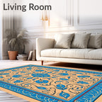 Blue Floral Medallion Tan Border Rug