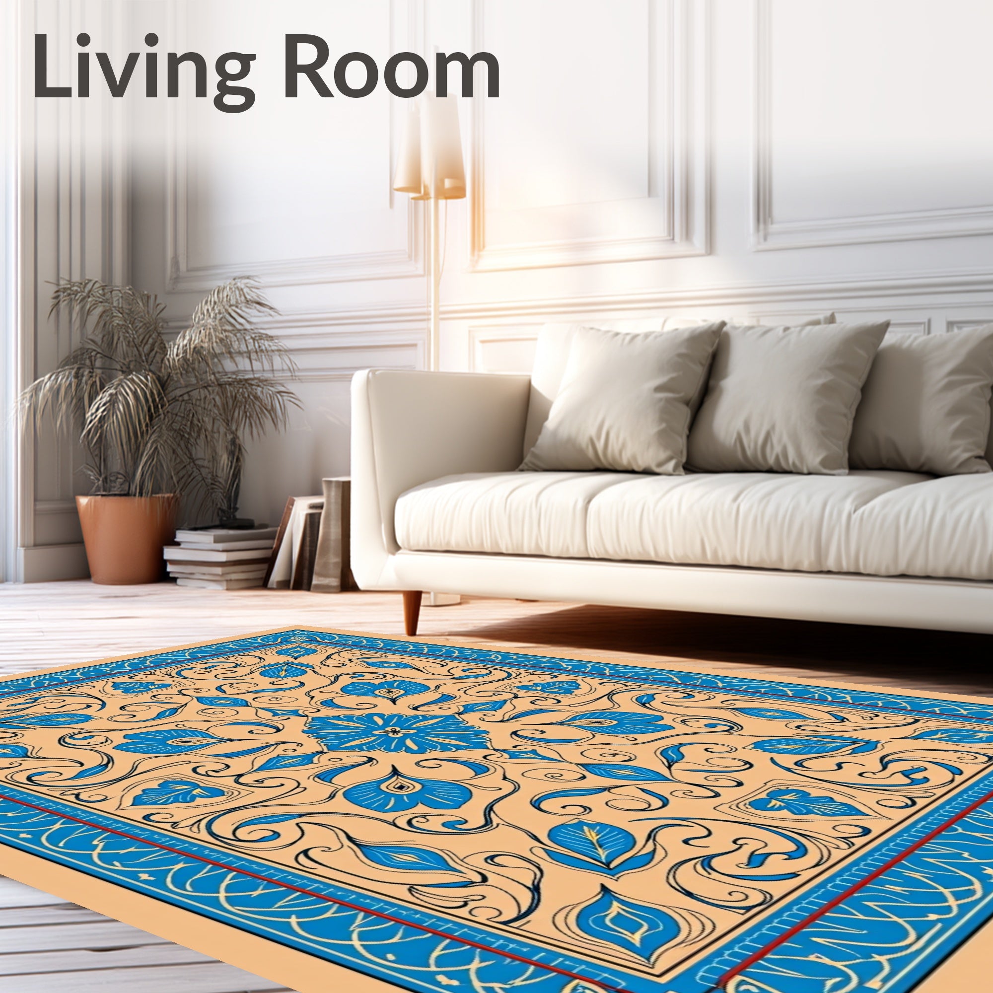 Blue Floral Medallion Tan Border Rug