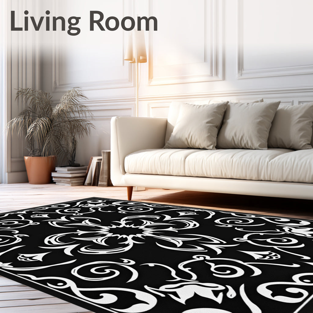 Black White Scrollwork Floral Medallion Rug