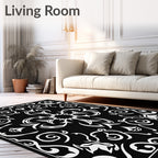 Black White Scrollwork Floral Medallion Rug