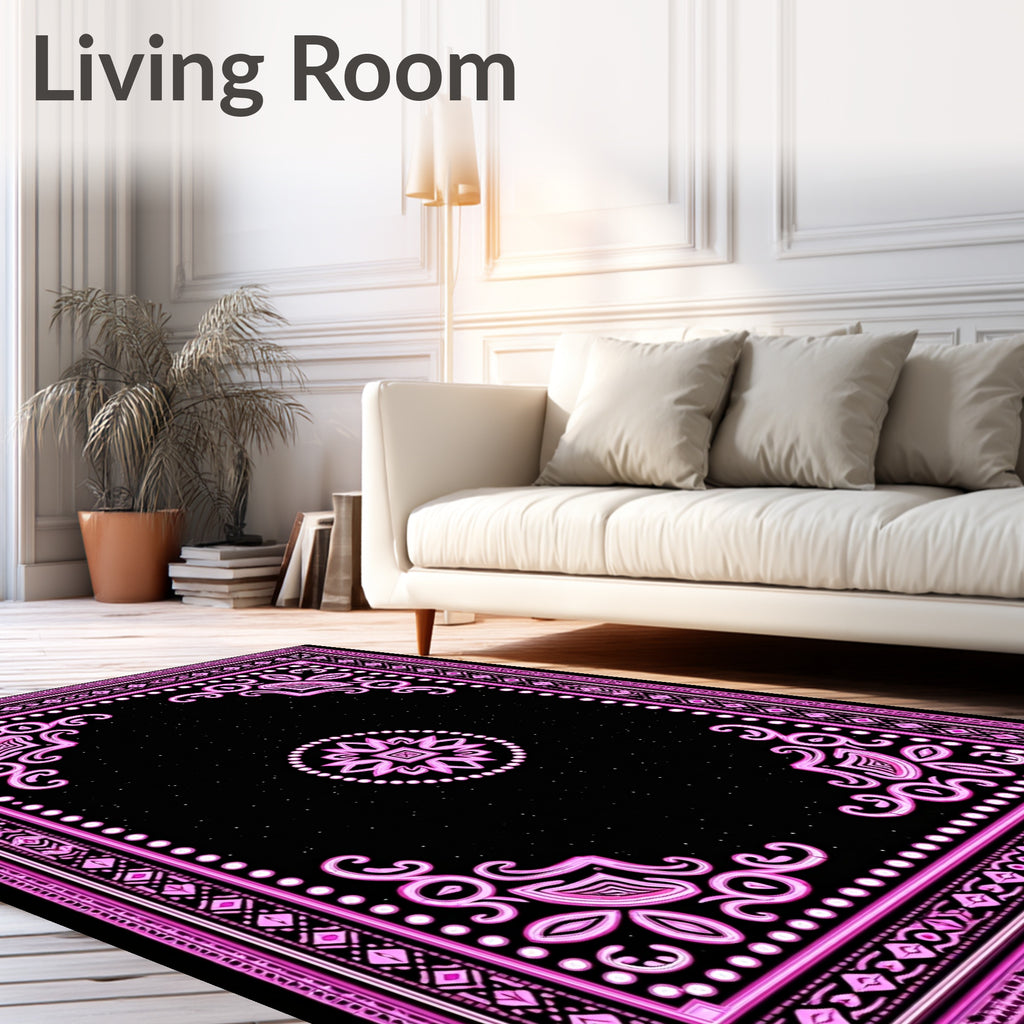 Pink Abstract Floral Black Center Rug