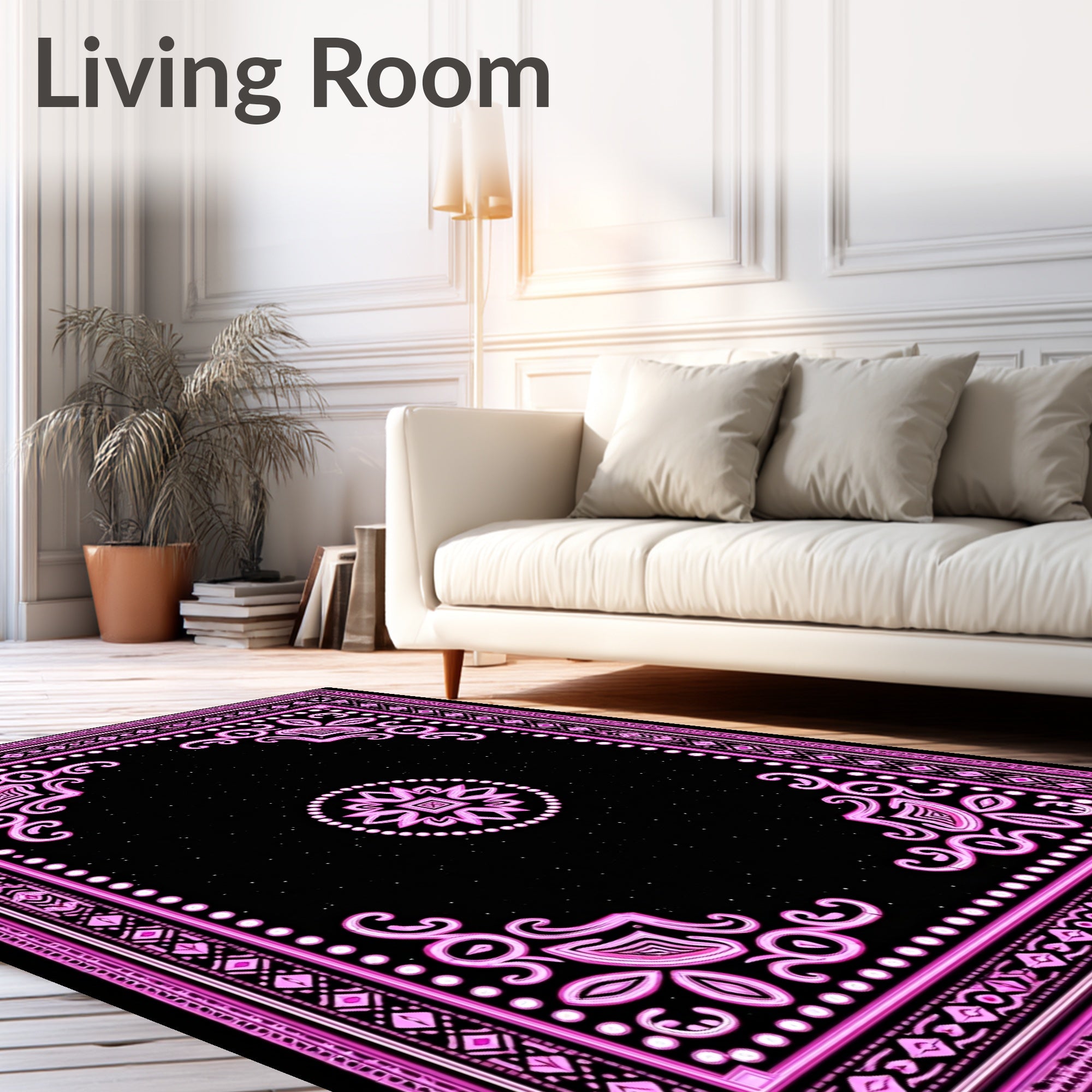 Pink Abstract Floral Black Center Rug
