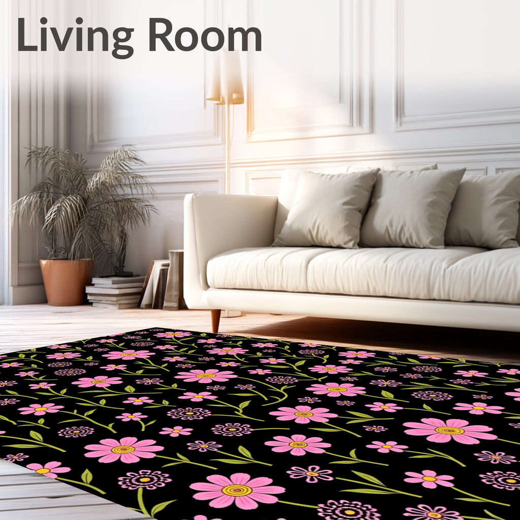 Pink Daisy Meadow Floral Black Rug