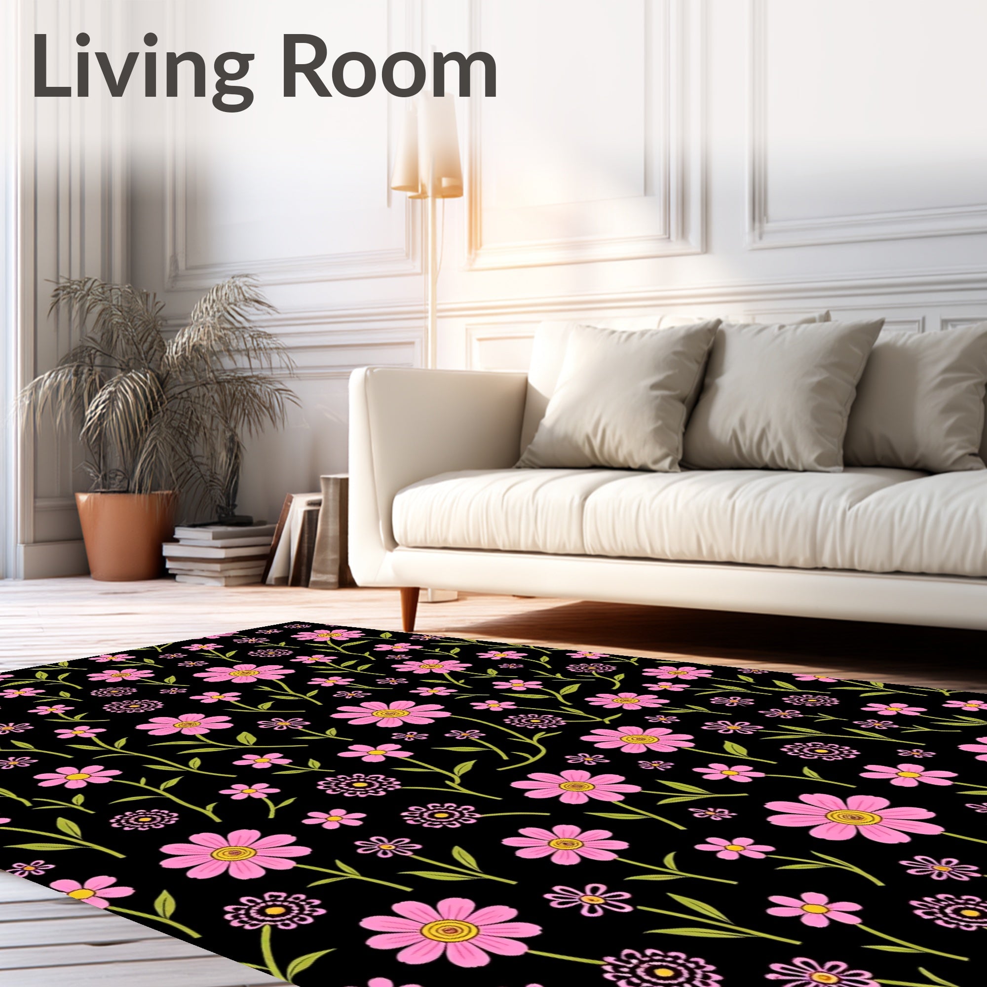 Pink Daisy Meadow Floral Black Rug