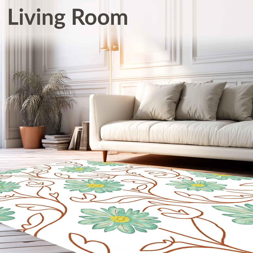 Teal Flowers On Brown Vine Rug