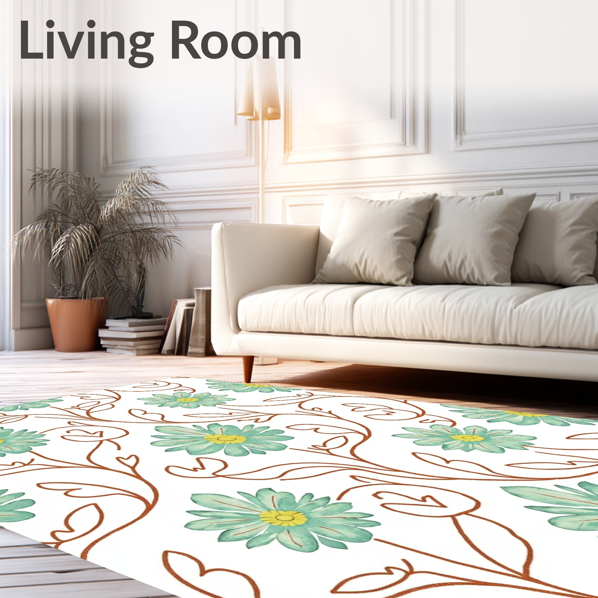 Teal Flowers On Brown Vine Rug