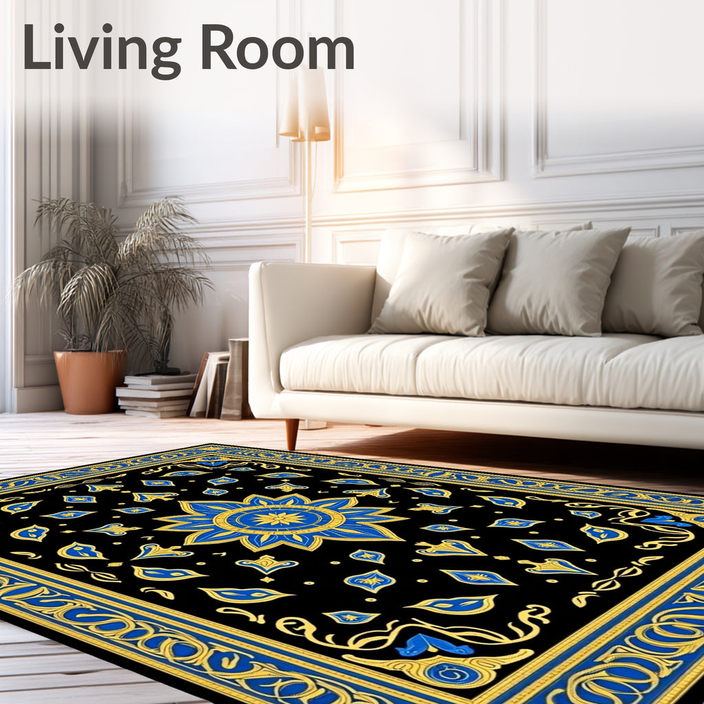 Ornate Blue and Gold Mandala Rug