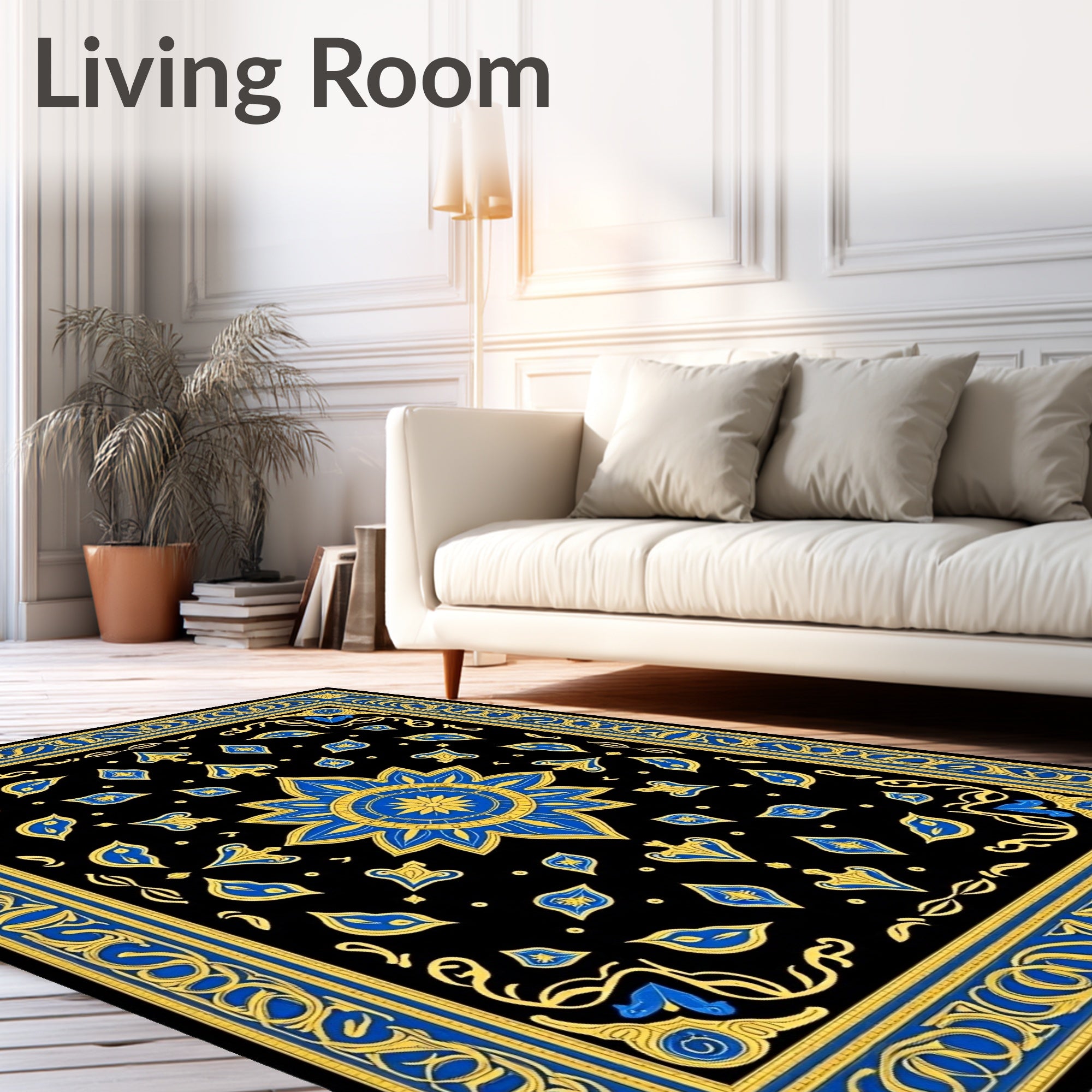 Ornate Blue and Gold Mandala Rug