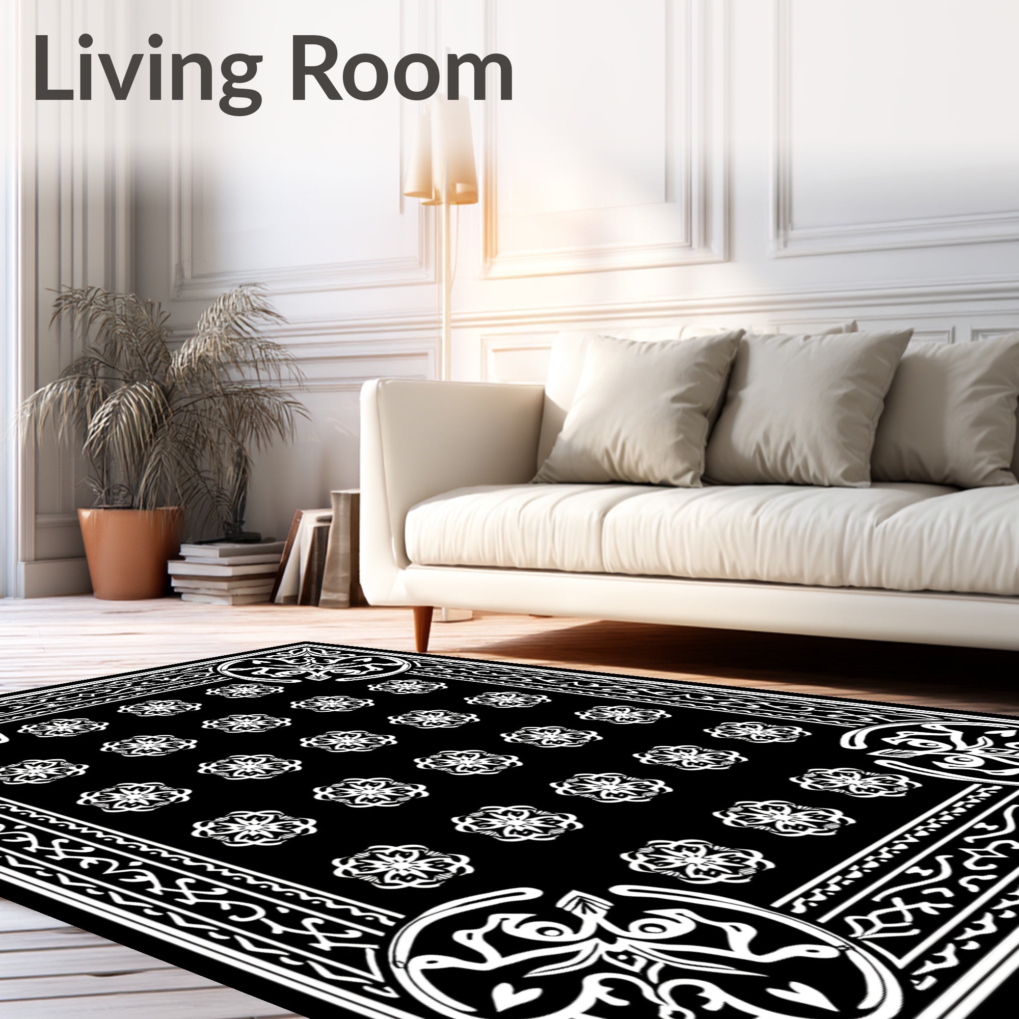 Black and White Ornate Floral Medallion Rug