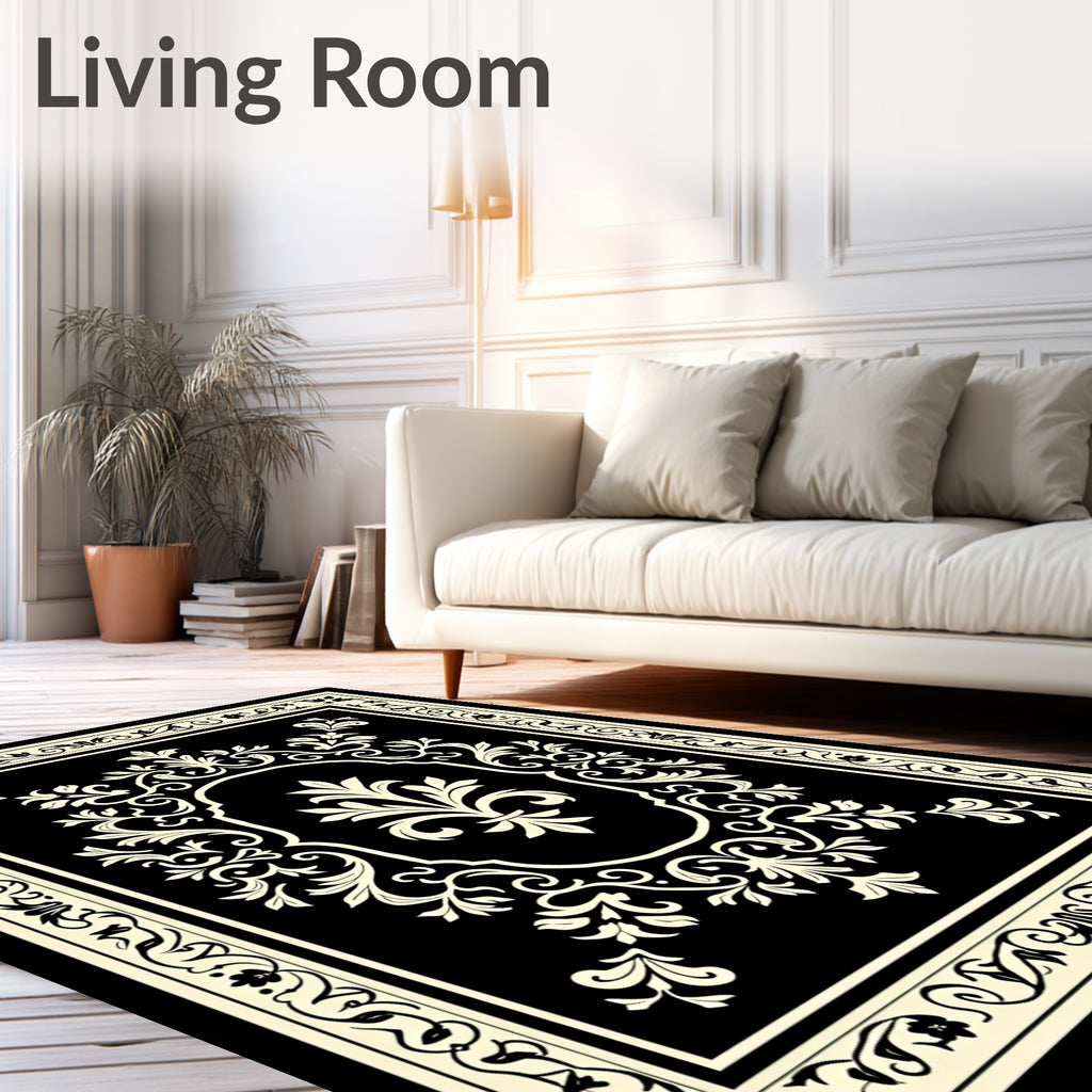 Ornate Black Cream Floral Oval Rug
