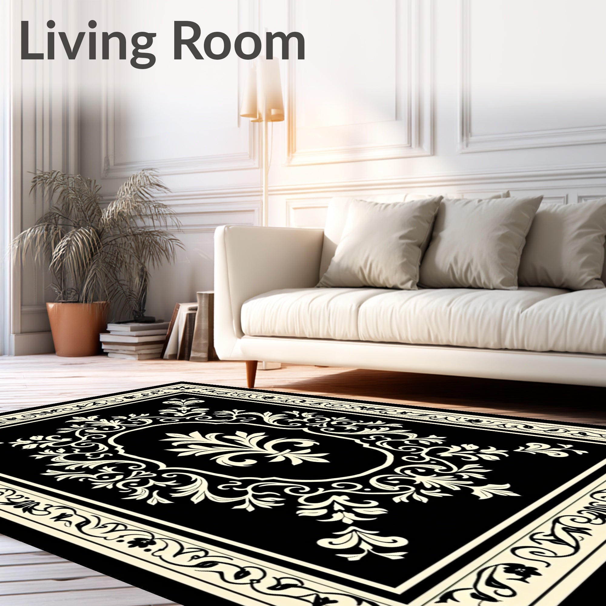 Ornate Black Cream Floral Oval Rug