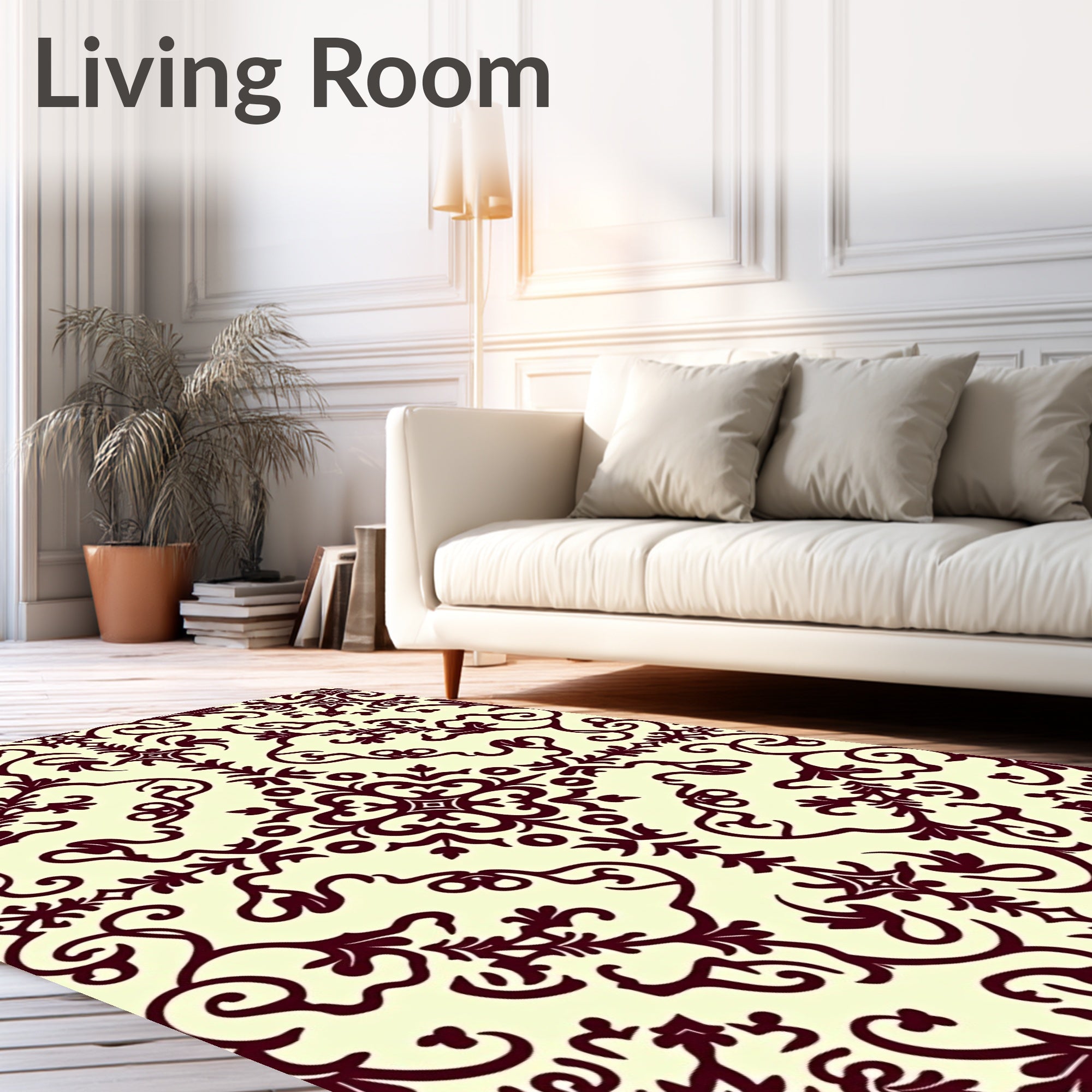 Elegant Burgundy Damask Scrollwork Rug