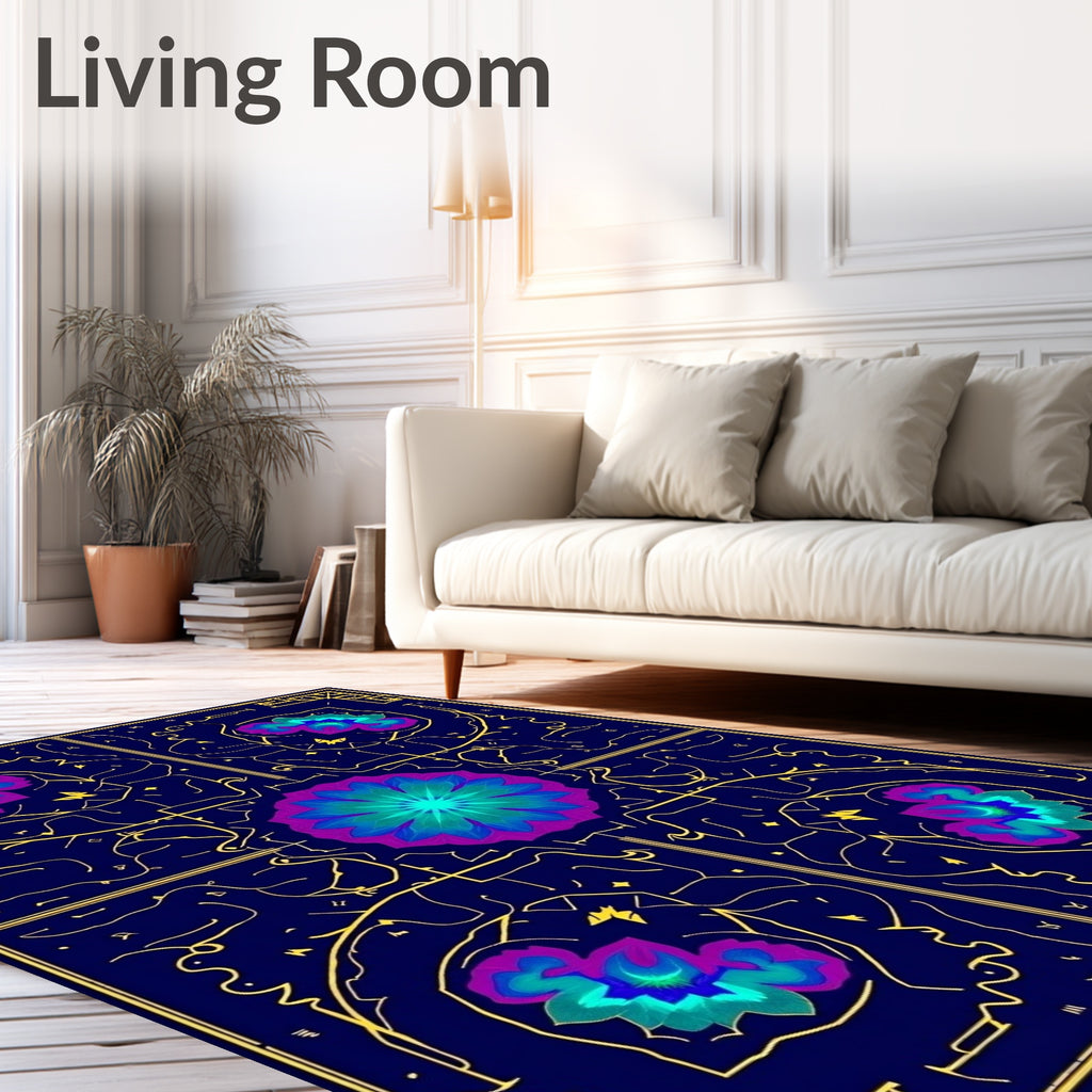 Deep Blue Floral Medallion Sunburst Rug