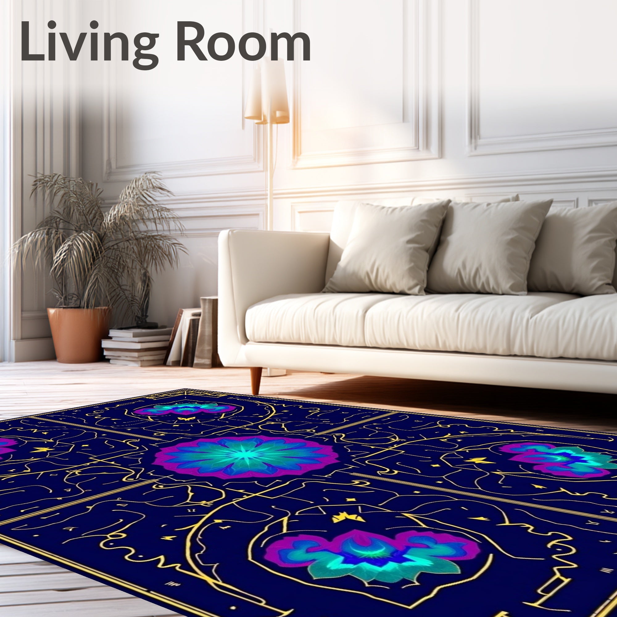 Deep Blue Floral Medallion Sunburst Rug