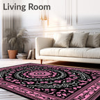 Pink Floral Medallion Black Tapestry Rug