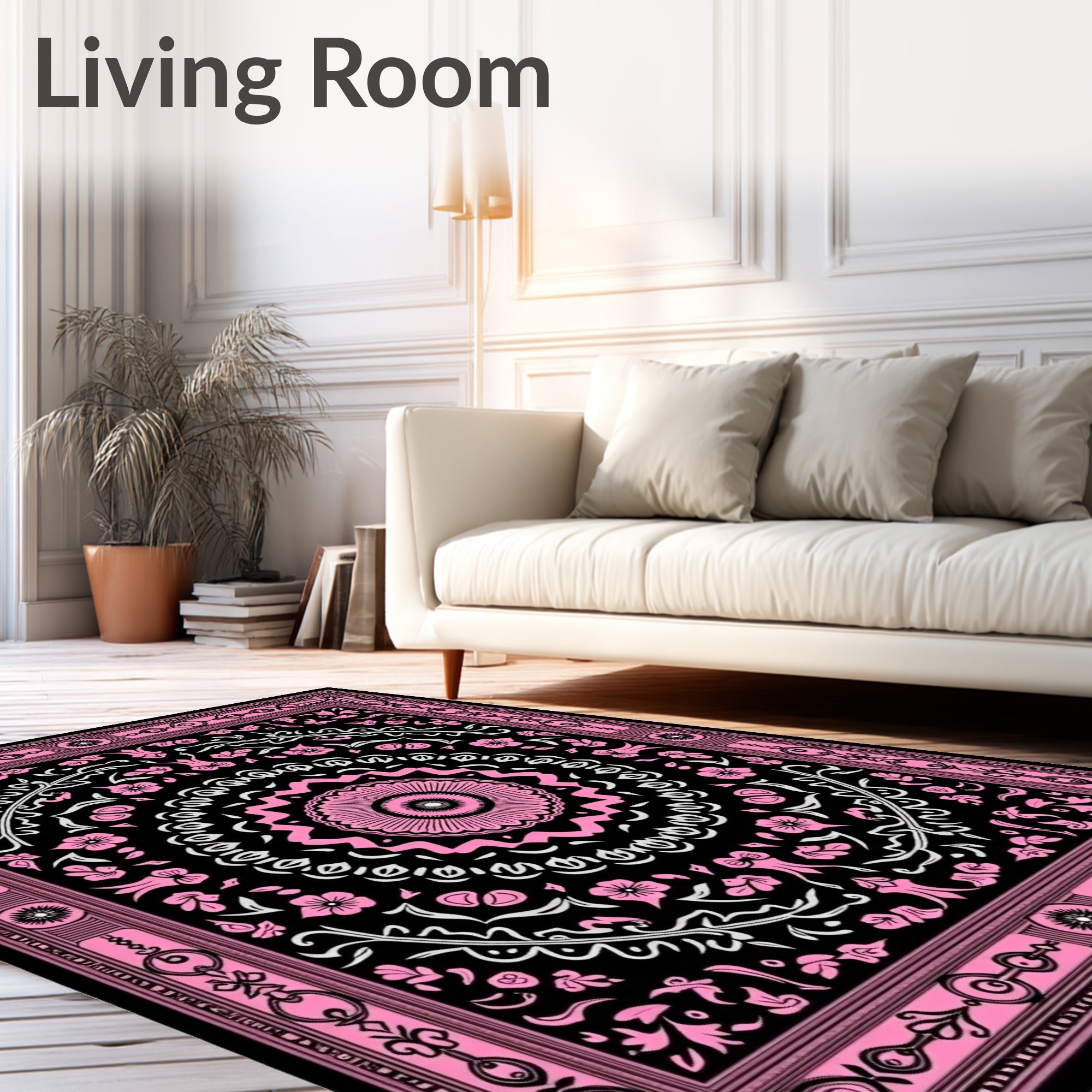Pink Floral Medallion Black Tapestry Rug