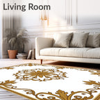 Golden Floral Medallion Scrollwork Frame Rug