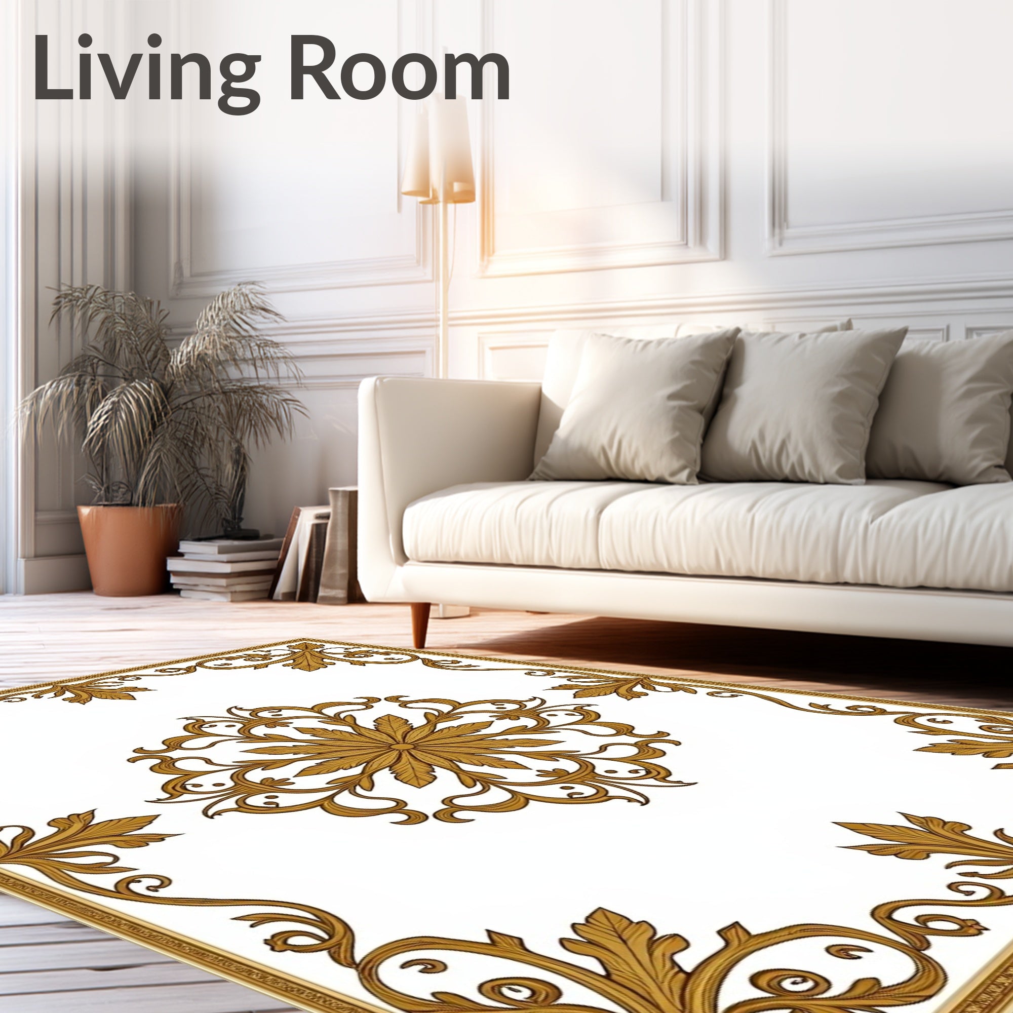 Golden Floral Medallion Scrollwork Frame Rug