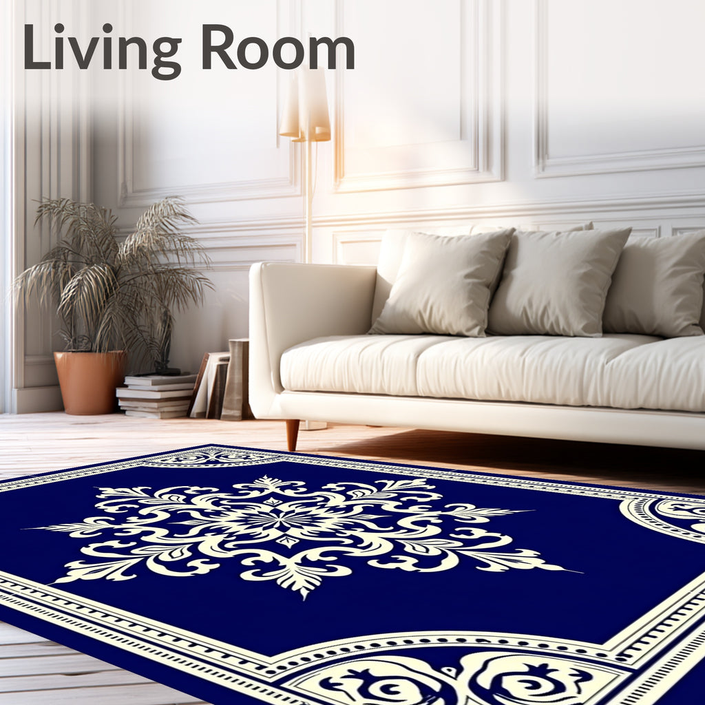 Deep Blue Cream Medallion Border Rug