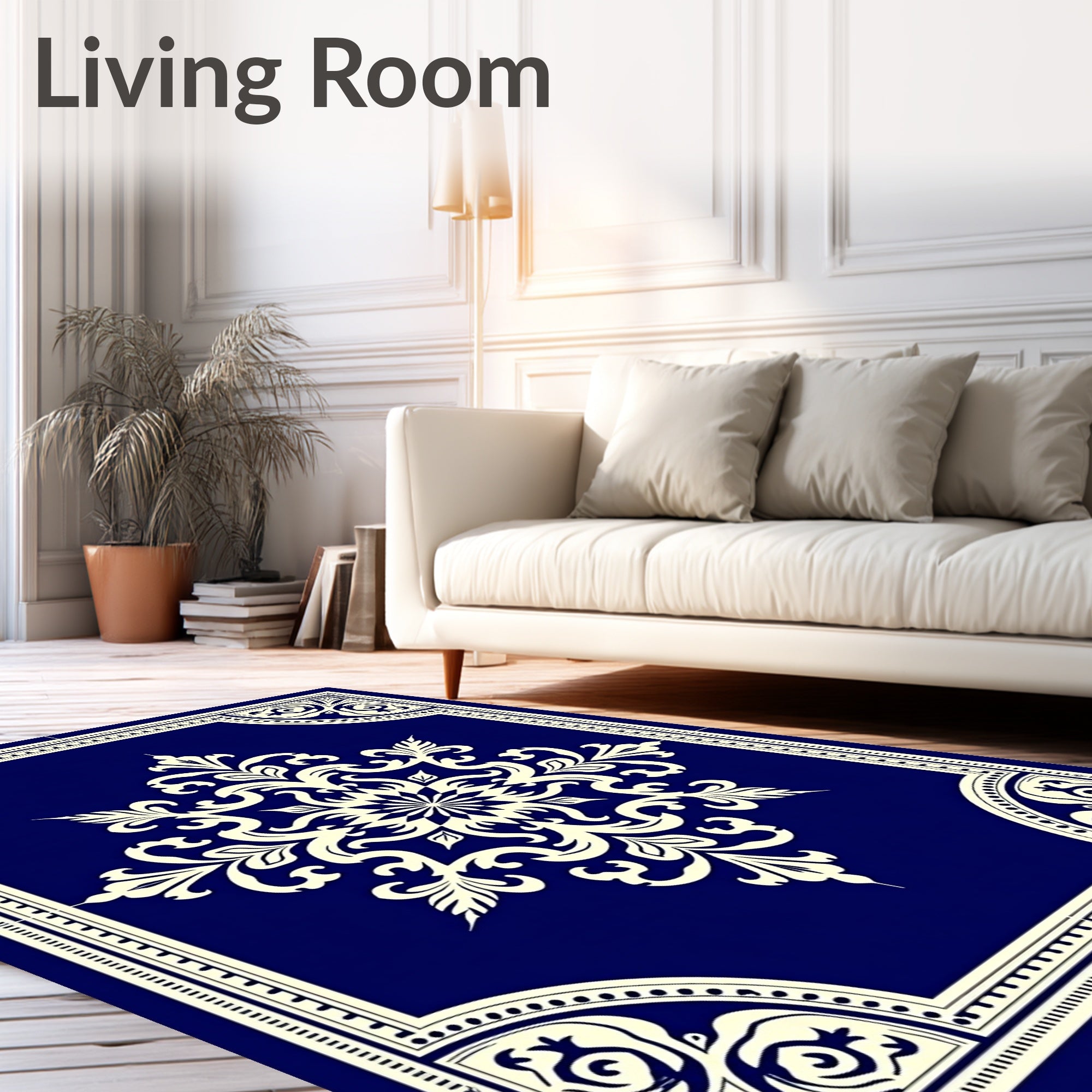 Deep Blue Cream Medallion Border Rug