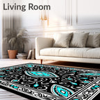 Black Cyan White Medallion Border Rug