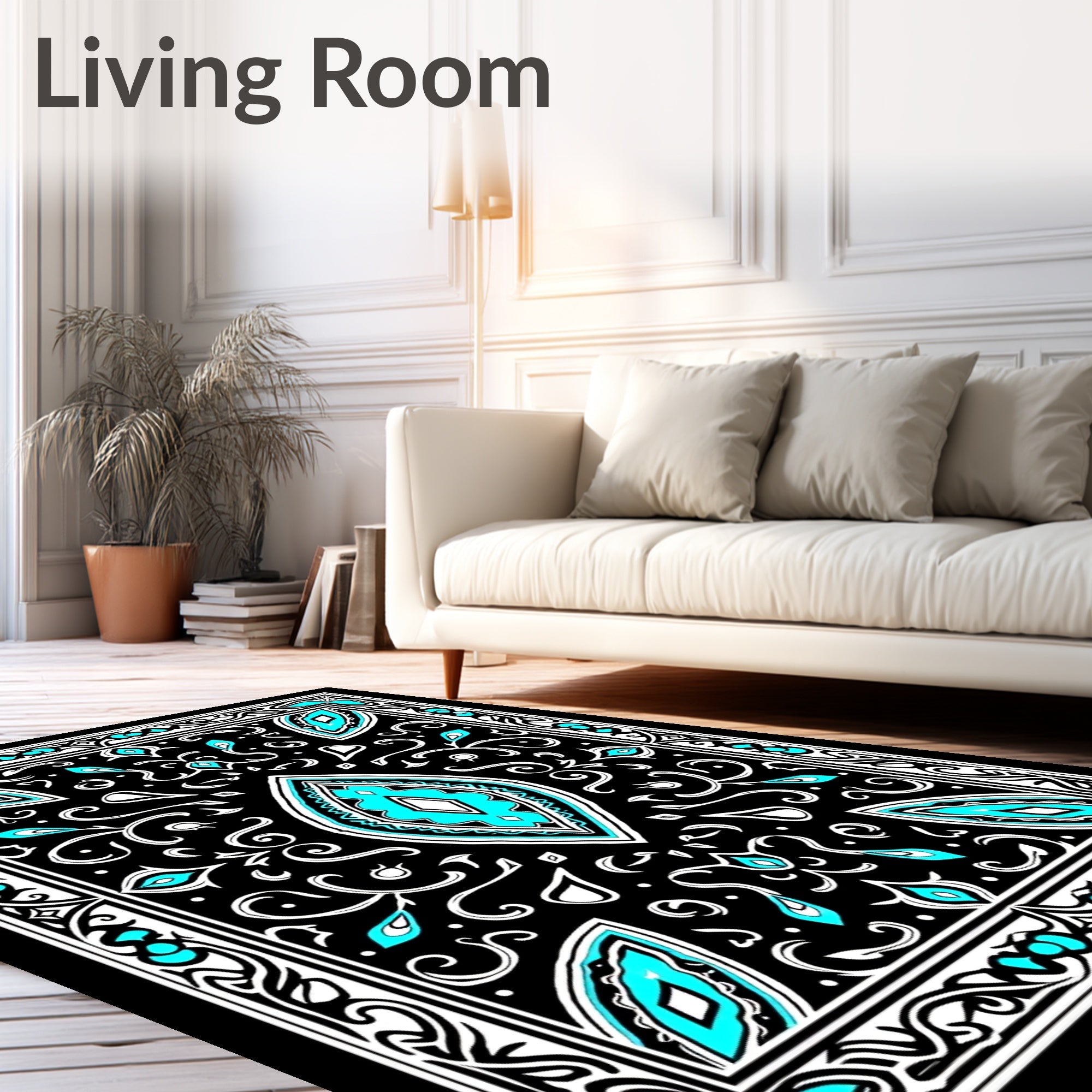 Black Cyan White Medallion Border Rug