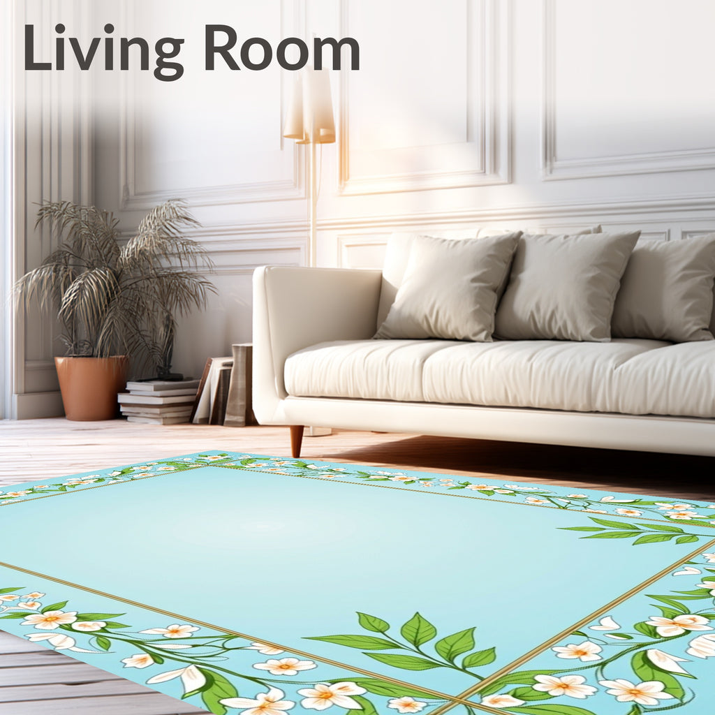 Pale Blue Floral Vine Border Rug