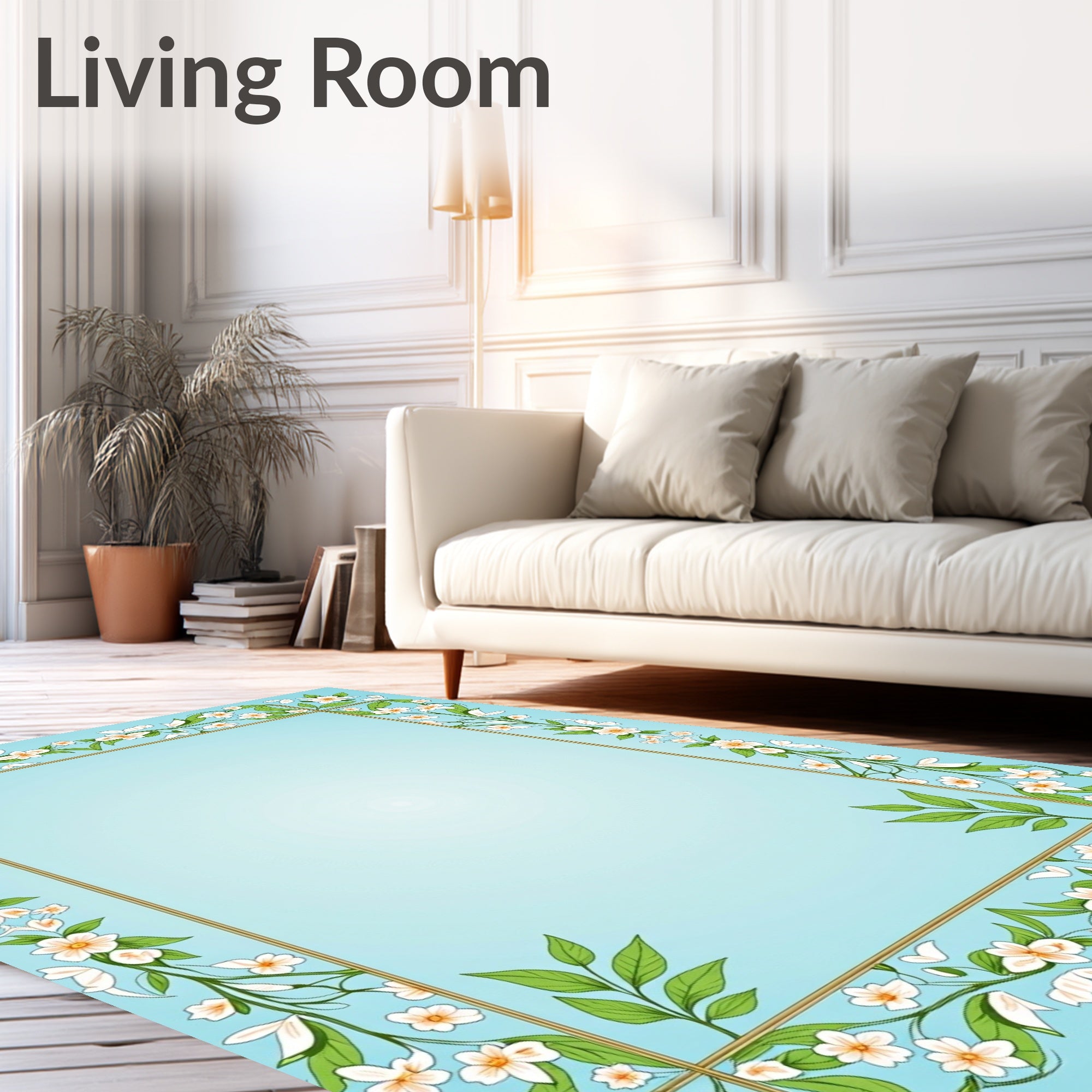 Pale Blue Floral Vine Border Rug