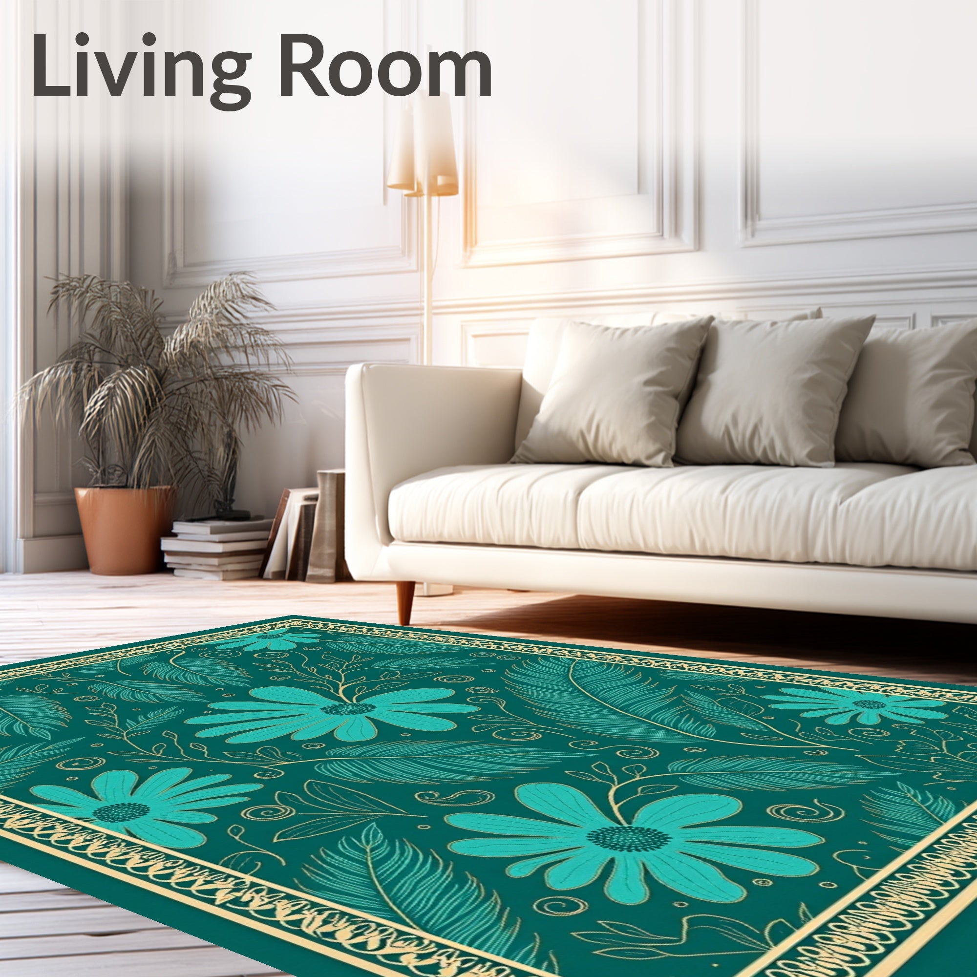 Teal Floral Feather Scroll Rug