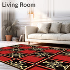 Geometric Red Black Golden Floral Squares Rug