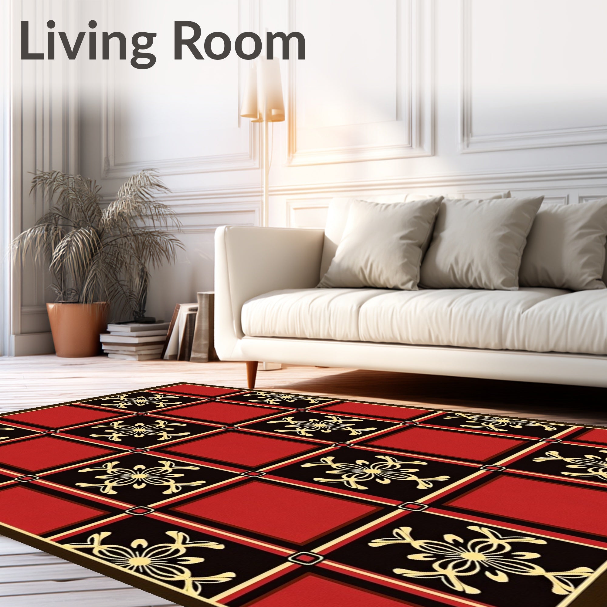 Geometric Red Black Golden Floral Squares Rug