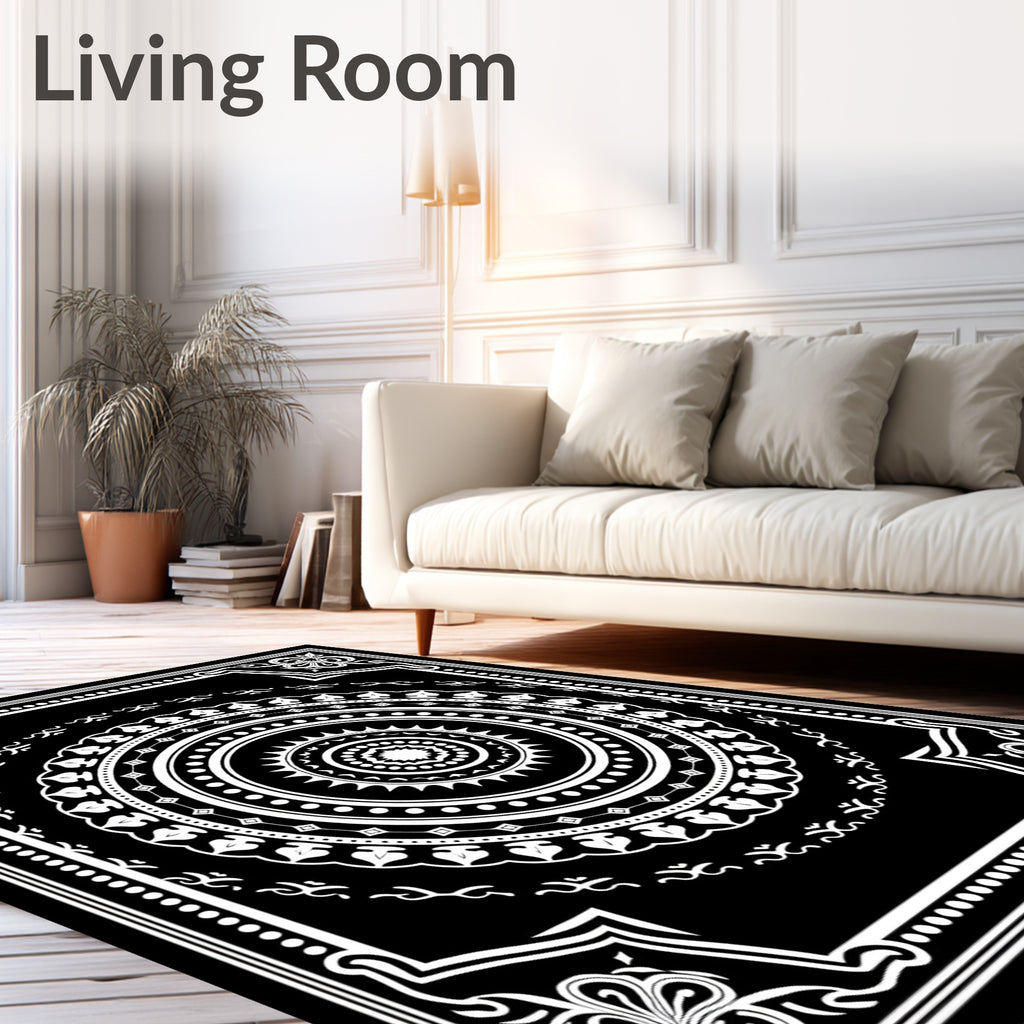 Black White Concentric Mandala Art Rug