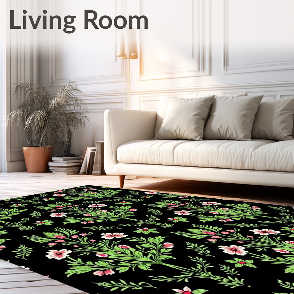 Pink Floral Emerald Vines Black Rug