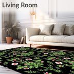Pink Floral Emerald Vines Black Rug