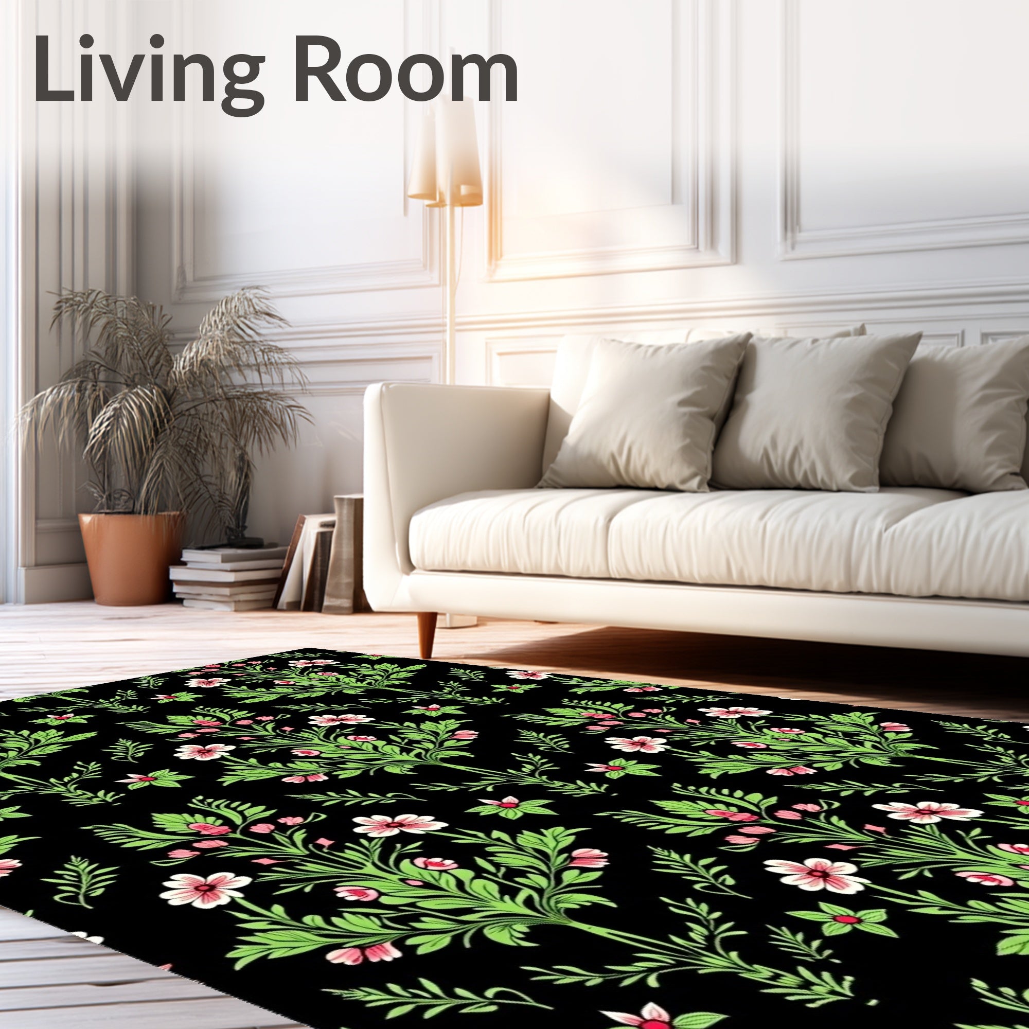 Pink Floral Emerald Vines Black Rug