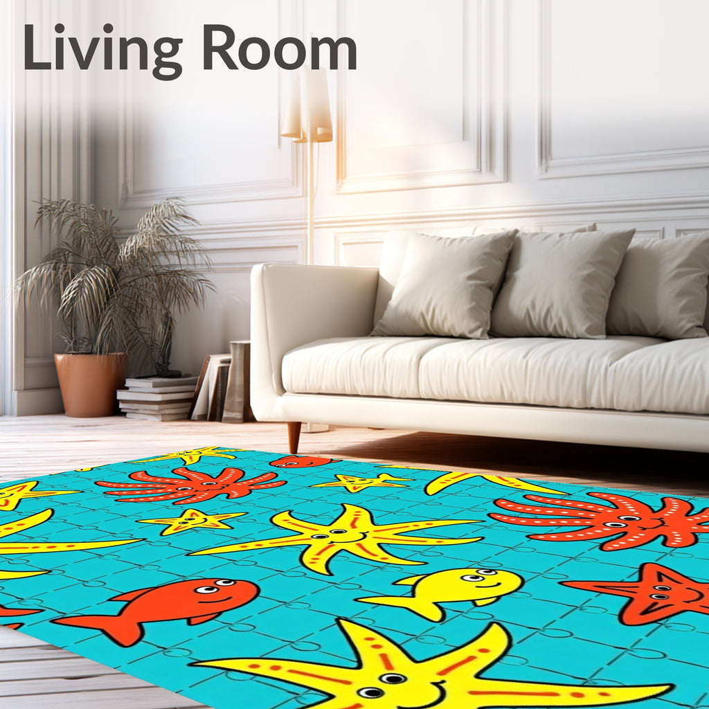 Playful Yellow Starfish Red Octopi Teal Rug